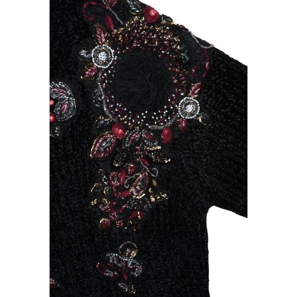 Zara Black Chenille Embellished Sweater Women’s M Beaded Sequin Velvet Floral - Picture 9 of 10